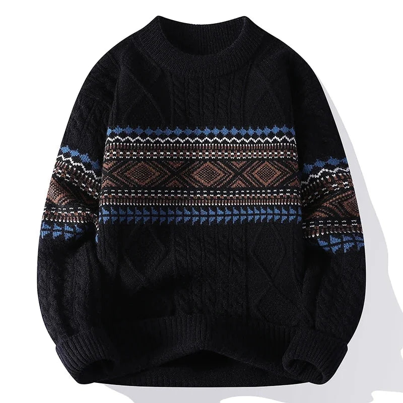 Black Men's Nordic Knit Sweater with Crew Neck & Ribbed Trims — Desmond