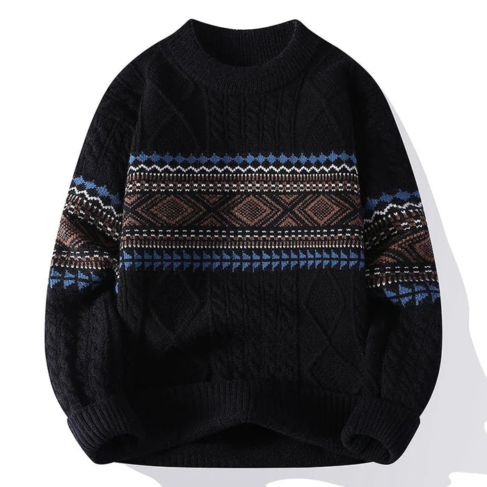 Black Men's Nordic Knit Sweater with Crew Neck & Ribbed Trims — Desmond