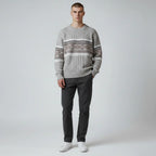 Khaki Men's Nordic Knit Sweater with Crew Neck & Ribbed Trims — Desmond - Worn Model Full Body