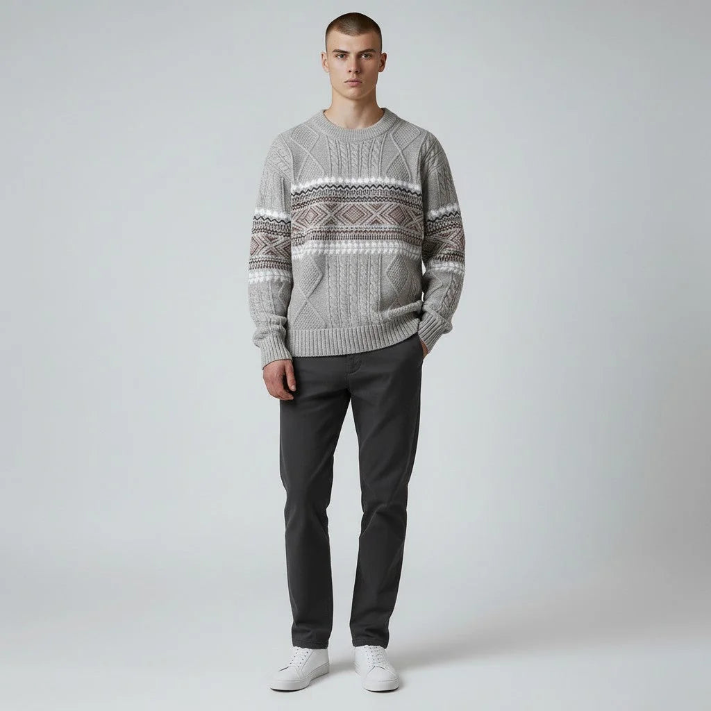 Khaki Men's Nordic Knit Sweater with Crew Neck & Ribbed Trims — Desmond - Worn Model Full Body