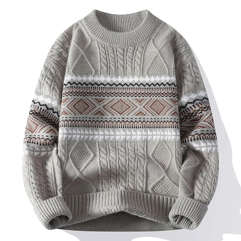 Khaki Men's Nordic Knit Sweater with Crew Neck & Ribbed Trims — Desmond