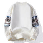 White Men's Nordic Knit Sweater with Crew Neck & Ribbed Trims — Desmond - Back Flat Lay