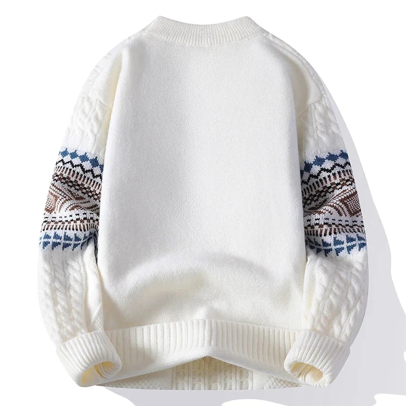 White Men's Nordic Knit Sweater with Crew Neck & Ribbed Trims — Desmond - Back Flat Lay