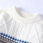 White Men's Nordic Knit Sweater with Crew Neck & Ribbed Trims — Desmond - Close Up Neckline