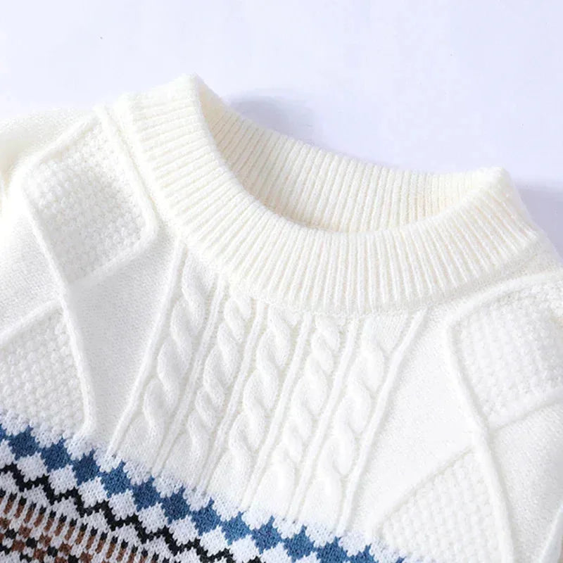 White Men's Nordic Knit Sweater with Crew Neck & Ribbed Trims — Desmond - Close Up Neckline
