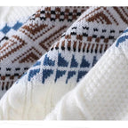 White Men's Nordic Knit Sweater with Crew Neck & Ribbed Trims — Desmond - Fabric Close Up Detail
