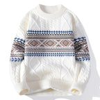White Men's Nordic Knit Sweater with Crew Neck & Ribbed Trims — Desmond