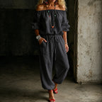 Black Women's Off Shoulder Jumpsuit with Linen-Blend Puff Sleeves & Drawstring Waist — Lyra