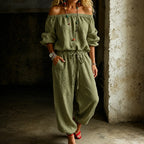 Green Women's Off Shoulder Jumpsuit with Linen-Blend Puff Sleeves & Drawstring Waist — Lyra