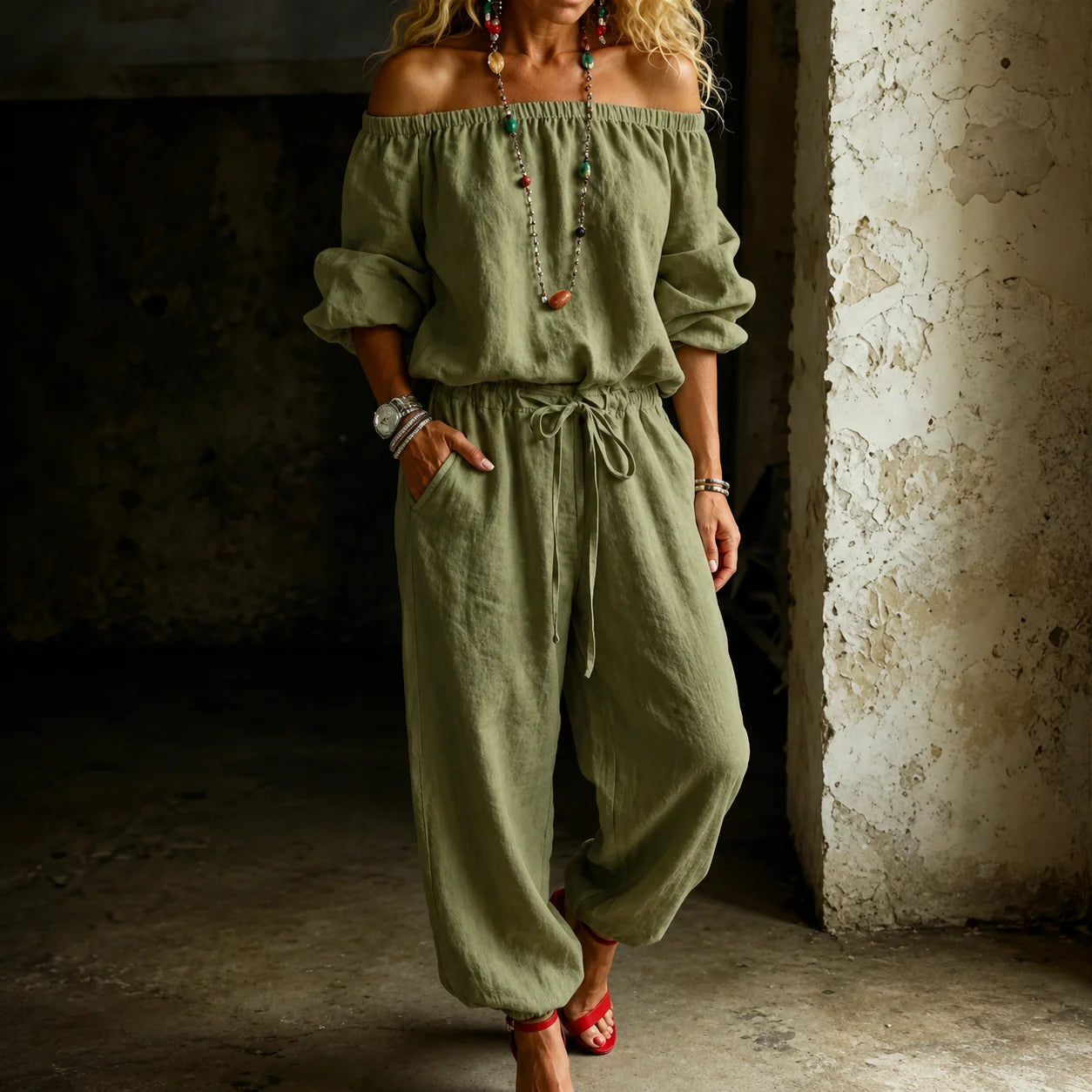 Green Women's Off Shoulder Jumpsuit with Linen-Blend Puff Sleeves & Drawstring Waist — Lyra