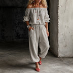 Grey Women's Off Shoulder Jumpsuit with Linen-Blend Puff Sleeves & Drawstring Waist