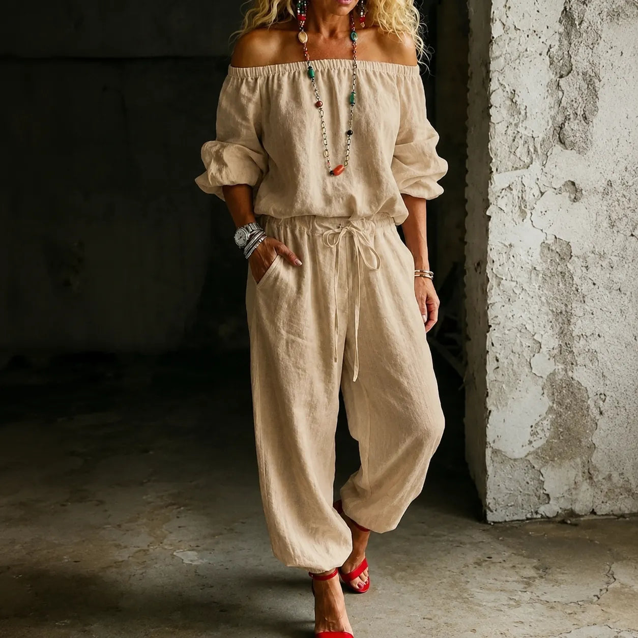 Light Women's Off Shoulder Jumpsuit with Linen-Blend Puff Sleeves & Drawstring Waist — Lyra - Khaki