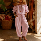 Pink Women's Off Shoulder Jumpsuit with Linen-Blend Puff Sleeves & Drawstring Waist — Lyra - Close Up Front Torso