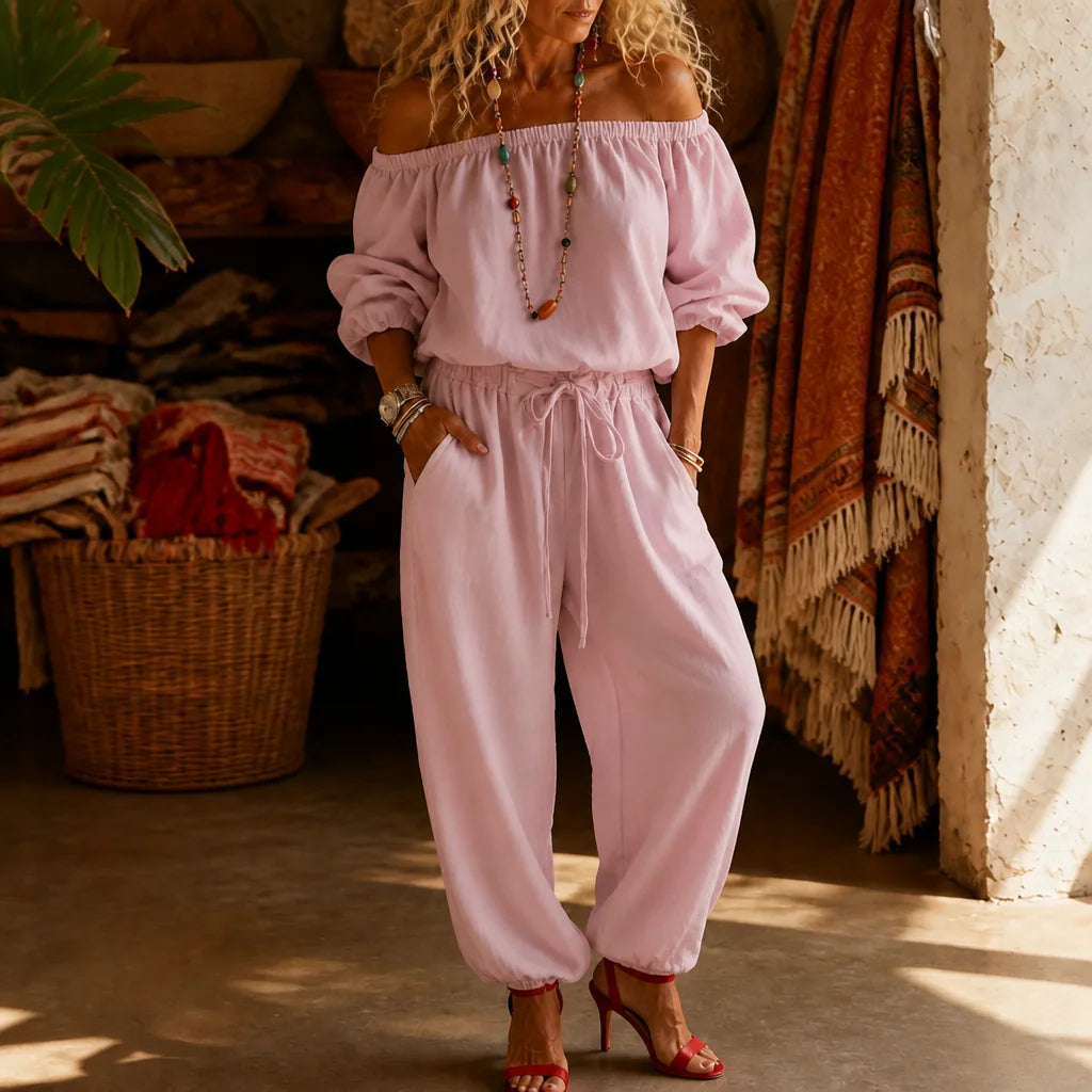 Pink Women's Off Shoulder Jumpsuit with Linen-Blend Puff Sleeves & Drawstring Waist — Lyra - Close Up Front Torso