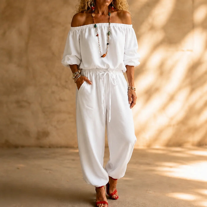 White Women's Off Shoulder Jumpsuit with Linen-Blend Puff Sleeves & Drawstring Waist — Lyra - Front Full Walking