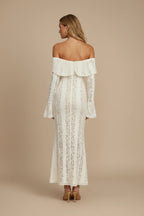 Cream Women's Off Shoulder Lace Maxi Dress with Flared Sleeves & Fitted Silhouette - Back Full