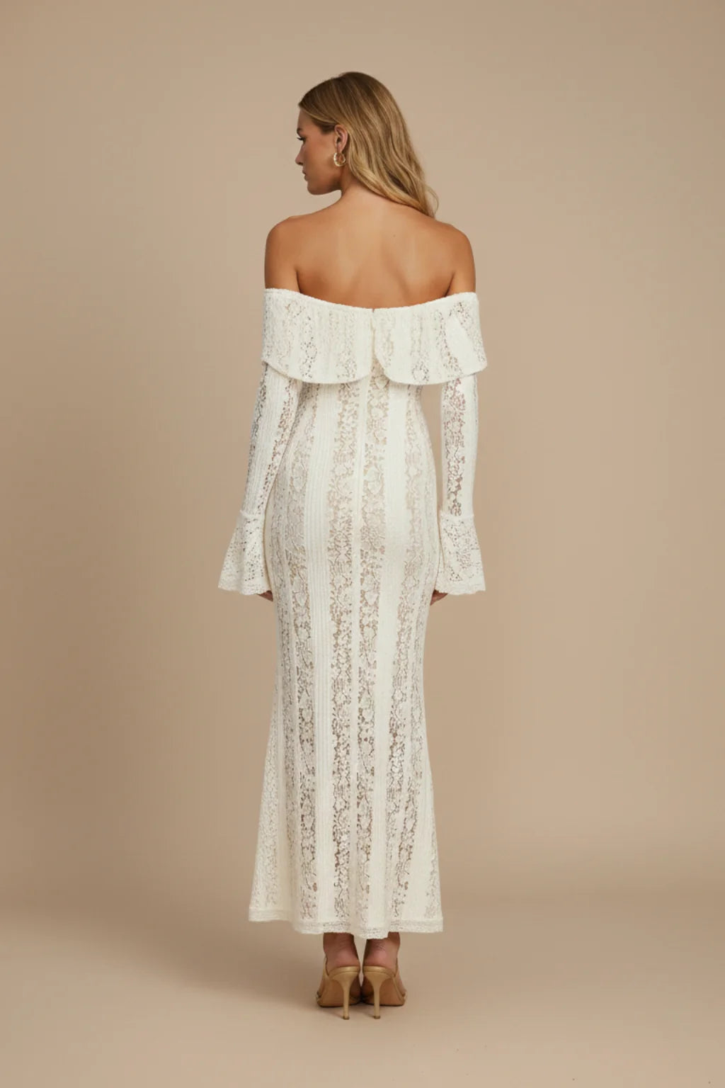 Cream Women's Off Shoulder Lace Maxi Dress with Flared Sleeves & Fitted Silhouette - Back Full