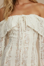 Cream Women's Off Shoulder Lace Maxi Dress with Flared Sleeves & Fitted Silhouette - Close Up Neckline