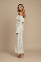 Cream Women's Off Shoulder Lace Maxi Dress with Flared Sleeves & Fitted Silhouette - Side Pose