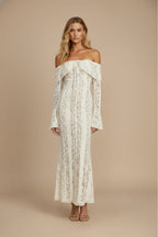Cream Women's Off Shoulder Lace Maxi Dress with Flared Sleeves & Fitted Silhouette