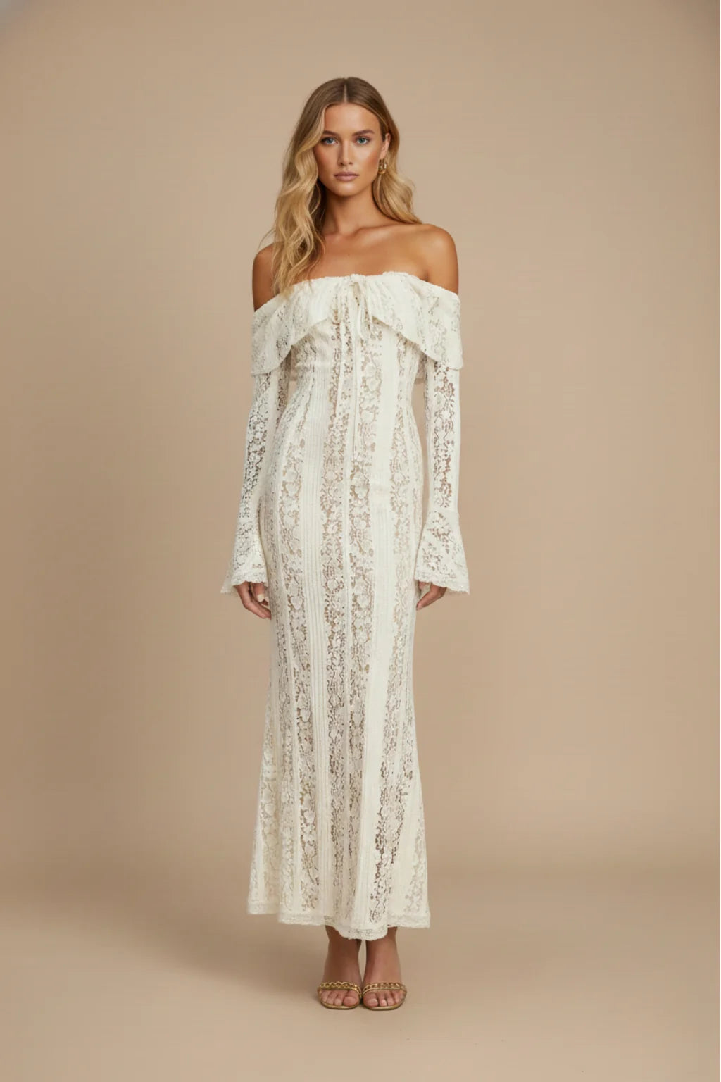 Cream Women's Off Shoulder Lace Maxi Dress with Flared Sleeves & Fitted Silhouette