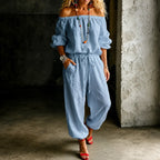 Light Blue Women's Off-Shoulder Wide-Leg Jumpsuit with Drawstring Waist & Elastic Cuffs — Tia - Front Detail Lightblue