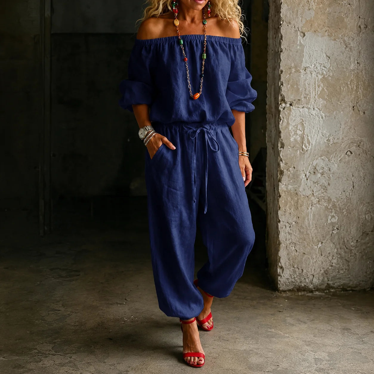 Navy Women's Off-Shoulder Wide-Leg Jumpsuit with Drawstring Waist & Elastic Cuffs — Tia - Front Detail
