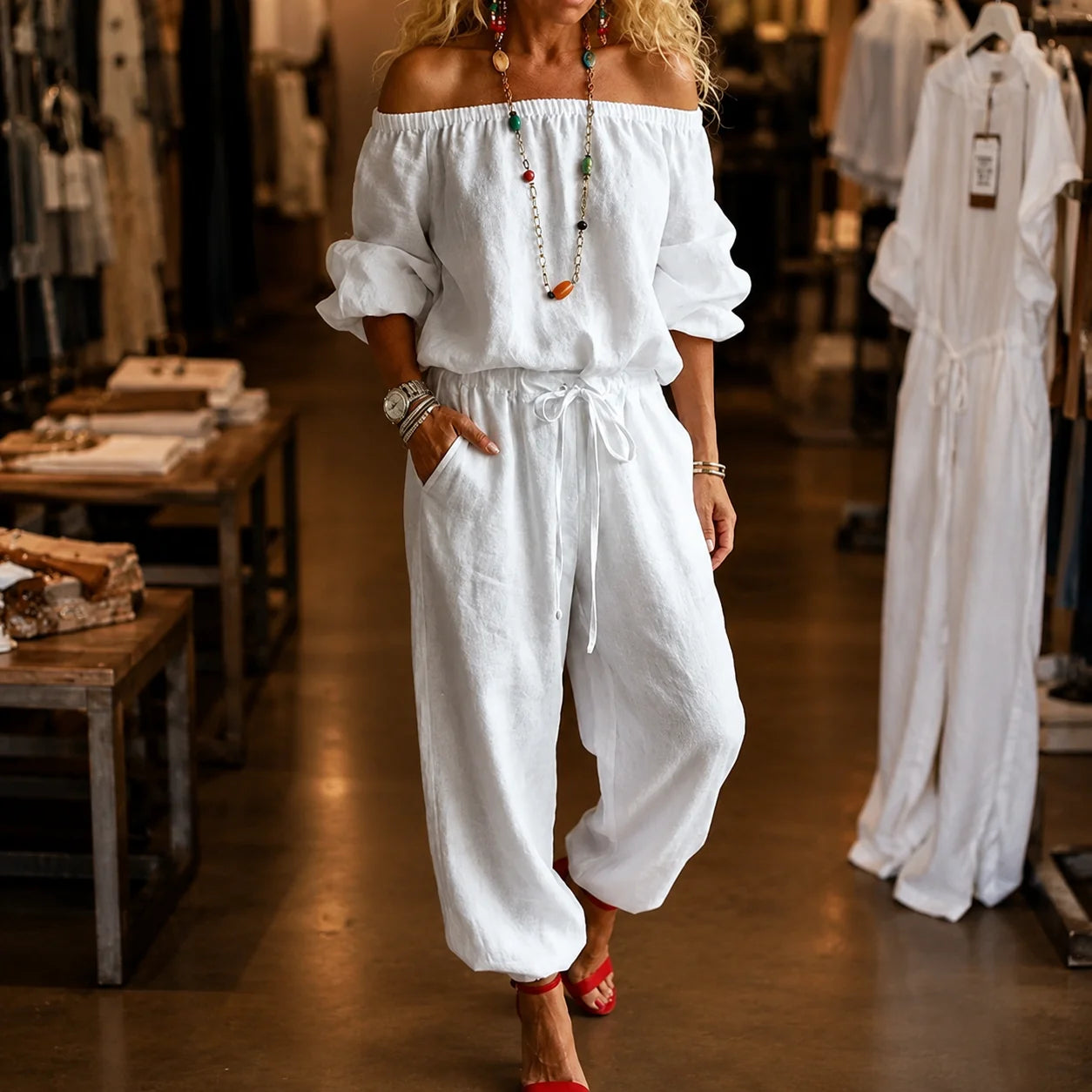 White Women's Off-Shoulder Wide-Leg Jumpsuit with Drawstring Waist & Elastic Cuffs — Tia - Front Full Store