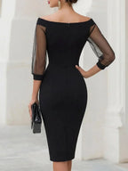 Black Women's Off Shoulder Sweetheart Midi Cocktail Dress with Sheer Mesh Sleeves — Lilith - Back Zipper Detail