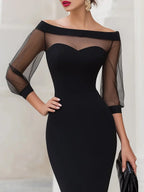 Black Women's Off Shoulder Sweetheart Midi Cocktail Dress with Sheer Mesh Sleeves — Lilith - Front Detail Bodice