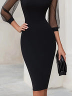 Black Women's Off Shoulder Sweetheart Midi Cocktail Dress with Sheer Mesh Sleeves — Lilith - Side Pose Clutch