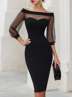 Black Women's Off Shoulder Sweetheart Midi Cocktail Dress with Sheer Mesh Sleeves — Lilith