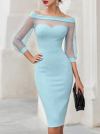 Blue Women's Off Shoulder Sweetheart Midi Cocktail Dress with Sheer Mesh Sleeves — Lilith