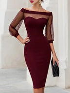 Burgundy Women's Off Shoulder Sweetheart Midi Cocktail Dress with Sheer Mesh Sleeves — Lilith