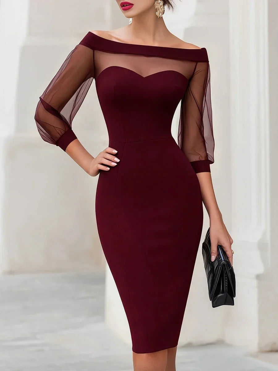 Burgundy Women's Off Shoulder Sweetheart Midi Cocktail Dress with Sheer Mesh Sleeves — Lilith