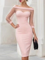 Pink Women's Off Shoulder Sweetheart Midi Cocktail Dress with Sheer Mesh Sleeves — Lilith
