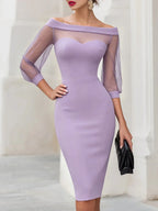 Purple Women's Off Shoulder Sweetheart Midi Cocktail Dress with Sheer Mesh Sleeves — Lilith