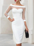 White Women's Off Shoulder Sweetheart Midi Cocktail Dress with Sheer Mesh Sleeves — Lilith