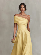 Yellow Women's One-Shoulder Linen Midi Dress — Indigo Fitted Waist Elegant - Close Up Neckline