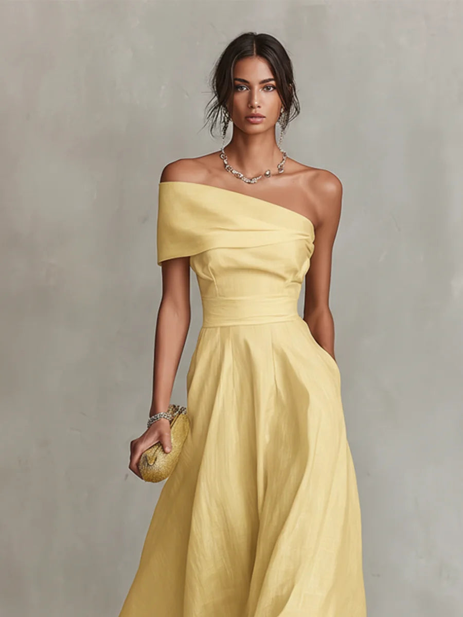 Yellow Women's One-Shoulder Linen Midi Dress — Indigo Fitted Waist Elegant - Close Up Neckline