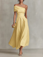 Yellow Women's One-Shoulder Linen Midi Dress — Indigo Fitted Waist Elegant - Front Full