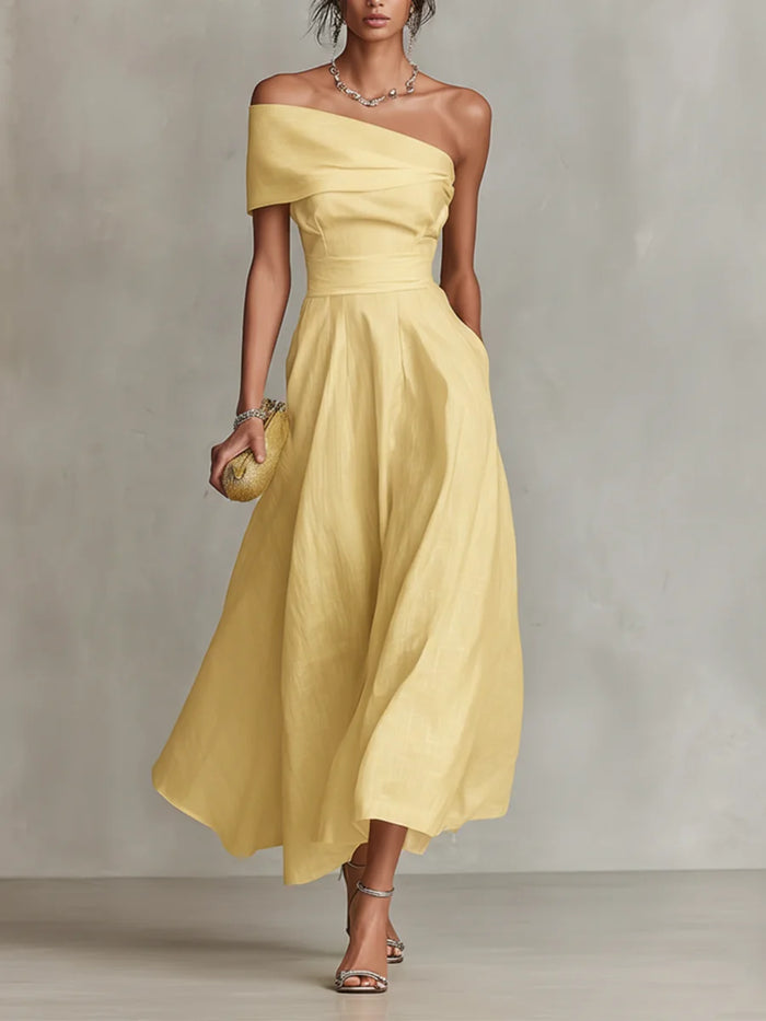 Yellow Women's One-Shoulder Linen Midi Dress — Indigo Fitted Waist Elegant - Front Full