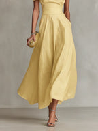 Yellow Women's One-Shoulder Linen Midi Dress — Indigo Fitted Waist Elegant - Hem Detail