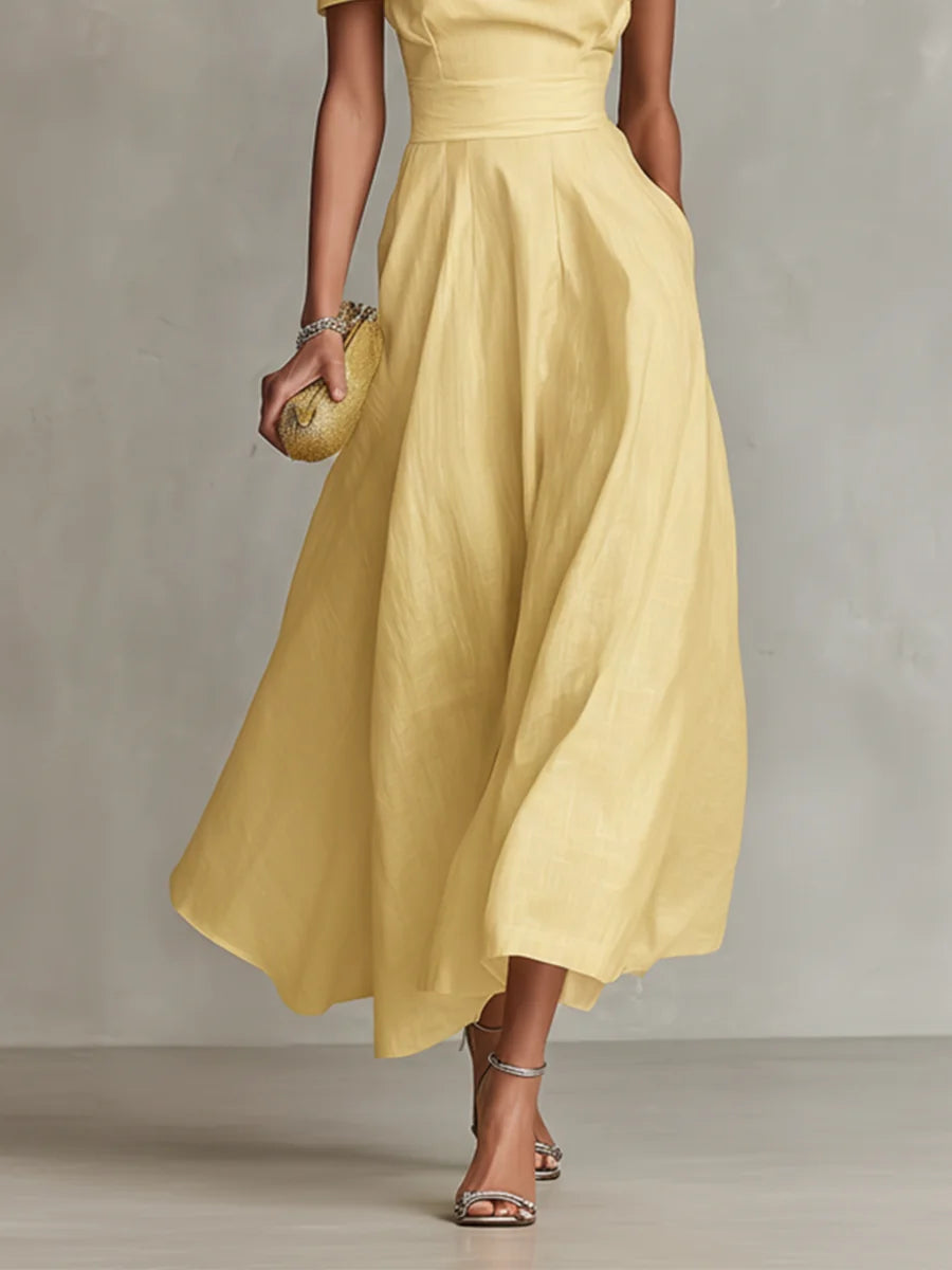 Yellow Women's One-Shoulder Linen Midi Dress — Indigo Fitted Waist Elegant - Hem Detail