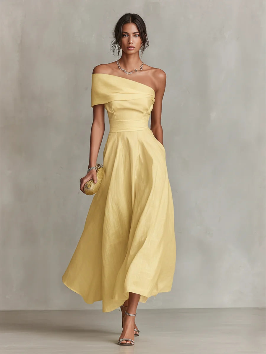 Yellow Women's One-Shoulder Linen Midi Dress — Indigo Fitted Waist Elegant - Model Walking