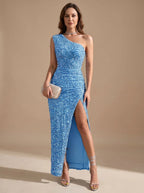Blue Women's One Shoulder Maxi Dress with Sequin Bodycon Fit & Front Slit