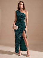 Green Women's One Shoulder Maxi Dress with Sequin Bodycon Fit & Front Slit