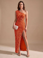 Orange Women's One Shoulder Maxi Dress with Sequin Bodycon Fit & Front Slit - Front Full Walk