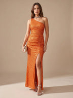 Women's One Shoulder Maxi Dress with Sequin Bodycon Fit & Front Slit