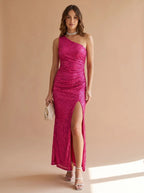Pink Women's One Shoulder Maxi Dress with Sequin Bodycon Fit & Front Slit - Front Full Pose